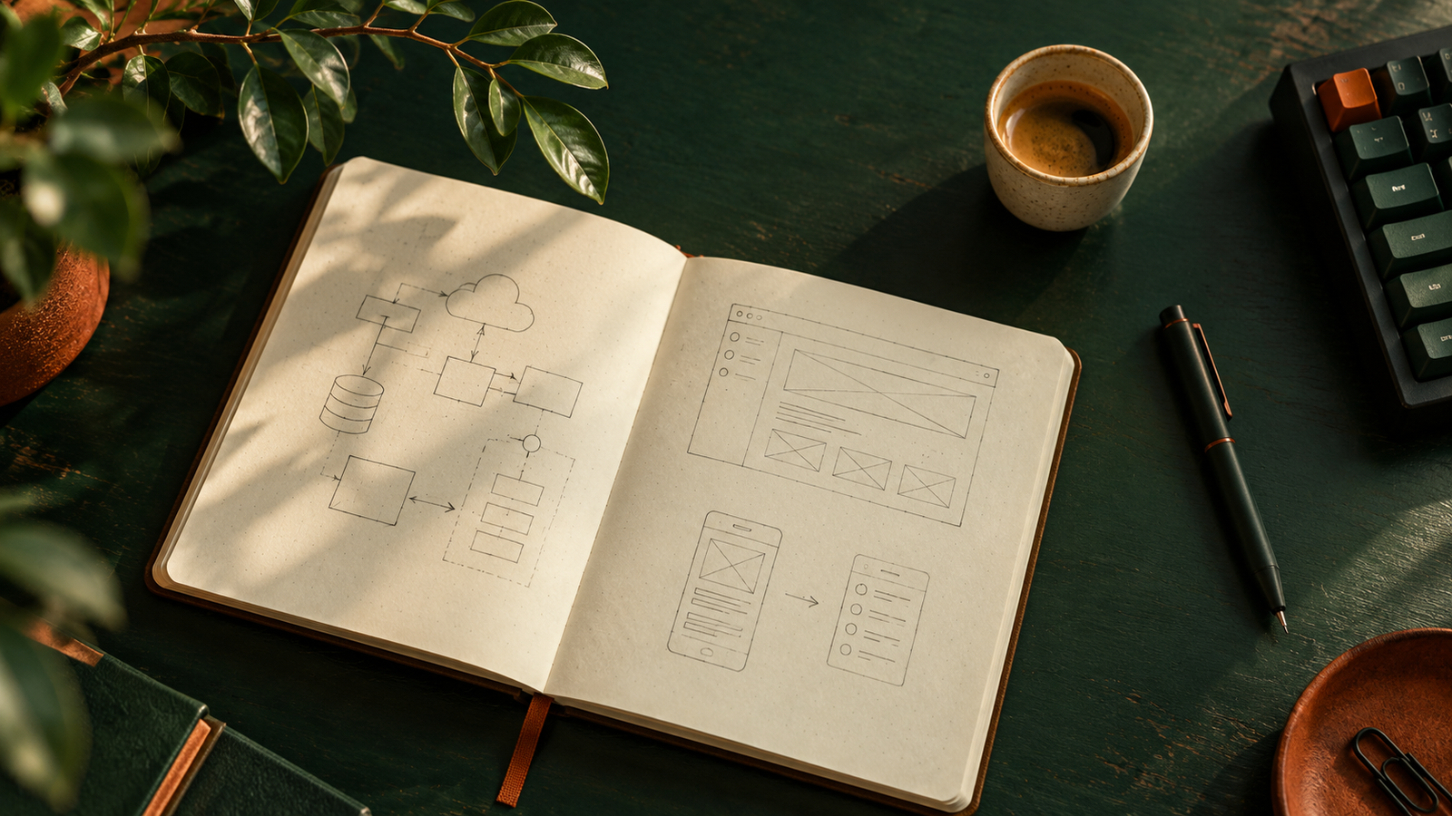 A calm engineering worktable with a notebook, coffee, and leafy branch